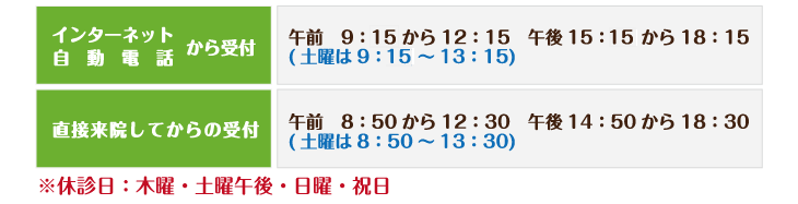 インターネット・自動電話から受付　午前   9：00から12：15　午後15：00から18：15　(土曜は9：00～13：15)　　直接来院してからの受付　午前   8：50から12：30　午後14：50から18：30　(土曜は8：50～13：30)　※休診日：木曜・土曜午後・日曜・祝日